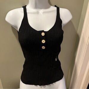 CHANEL Black Ribbed Tank Top with Gold Buttons
